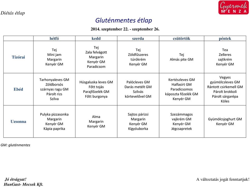 Húsgaluska leves GM Főtt tojás Parajfőzelék GM Főtt burgonya Palócleves GM Darás metélt GM Szilvás körtevelővel GM Kertészleves