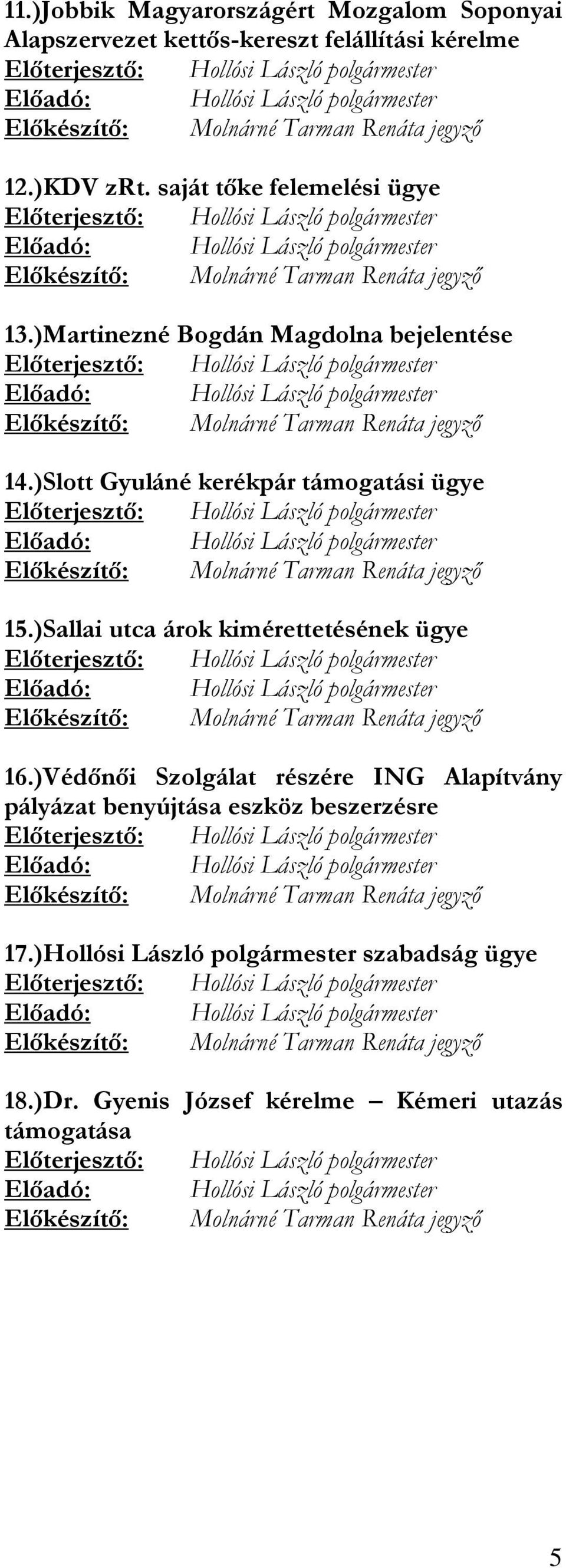 )Slott Gyuláné kerékpár támogatási ügye 15.)Sallai utca árok kimérettetésének ügye 16.