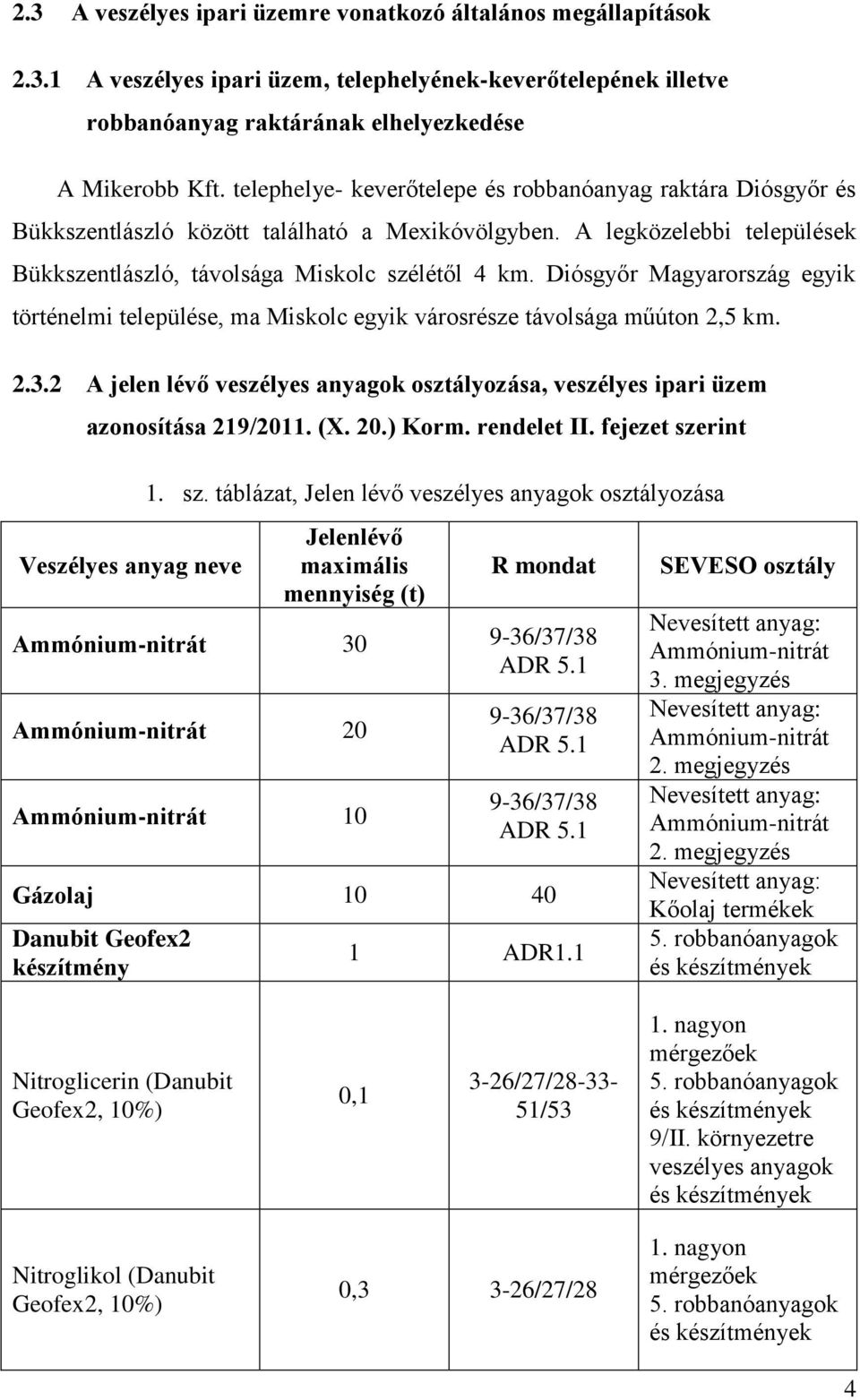 Diósgyőr Magyarország egyik történelmi települése, ma Miskolc egyik városrésze távolsága műúton 2,5 km. 2.3.2 A jelen lévő veszélyes anyagok osztályozása, veszélyes ipari üzem azonosítása 219/2011.