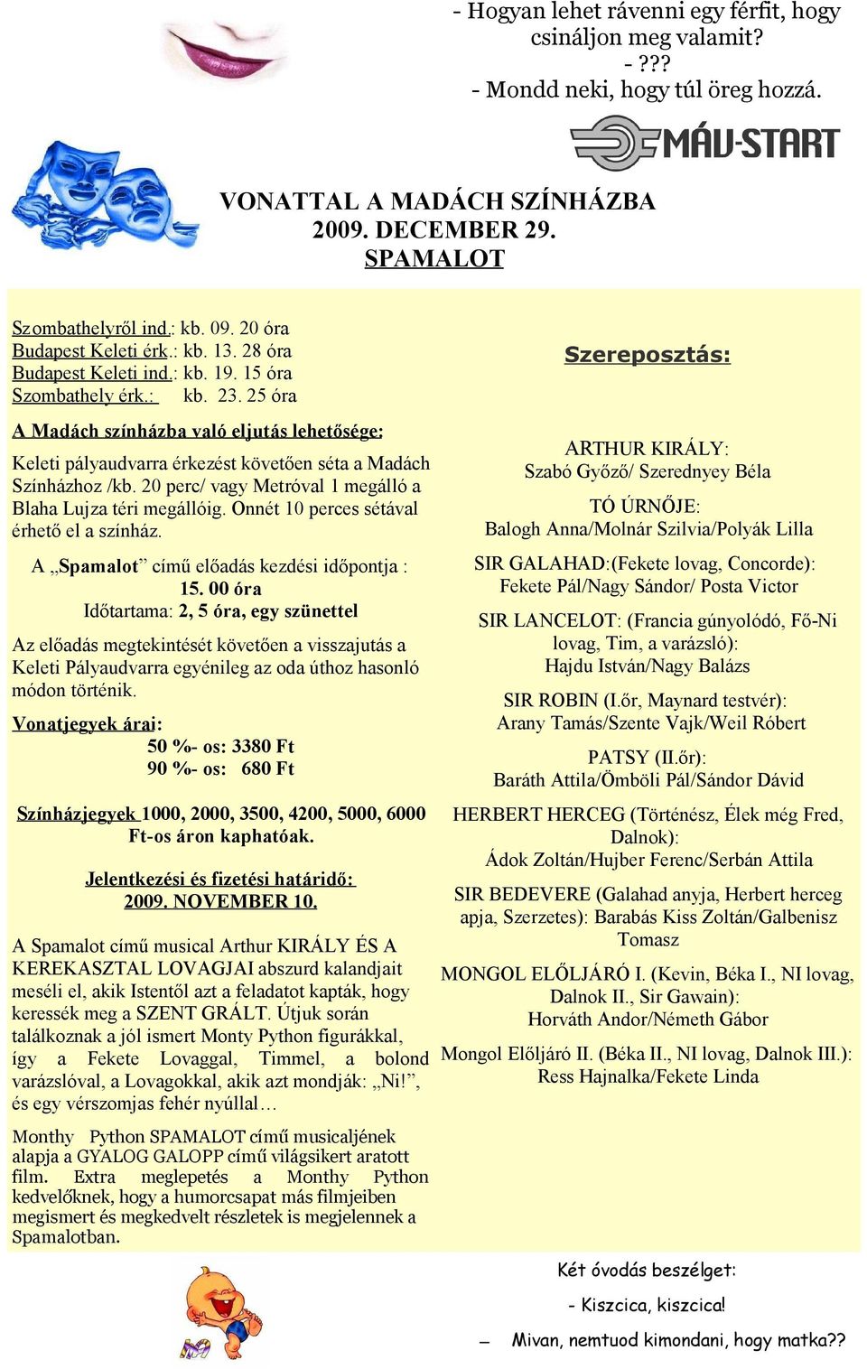 25 óra A Madách színházba való eljutás lehetősége: Keleti pályaudvarra érkezést követően séta a Madách Színházhoz /kb. 20 perc/ vagy Metróval 1 megálló a Blaha Lujza téri megállóig.