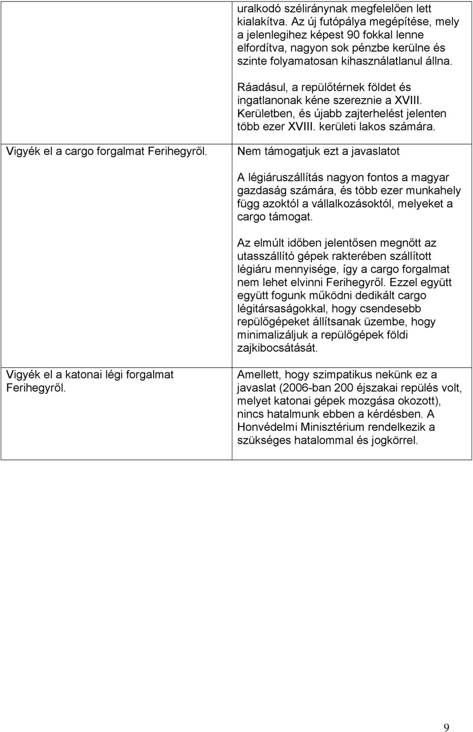 Ráadásul, a repülőtérnek földet és ingatlanonak kéne szereznie a XVIII. Kerületben, és újabb zajterhelést jelenten több ezer XVIII. kerületi lakos számára. Vigyék el a cargo forgalmat Ferihegyről.