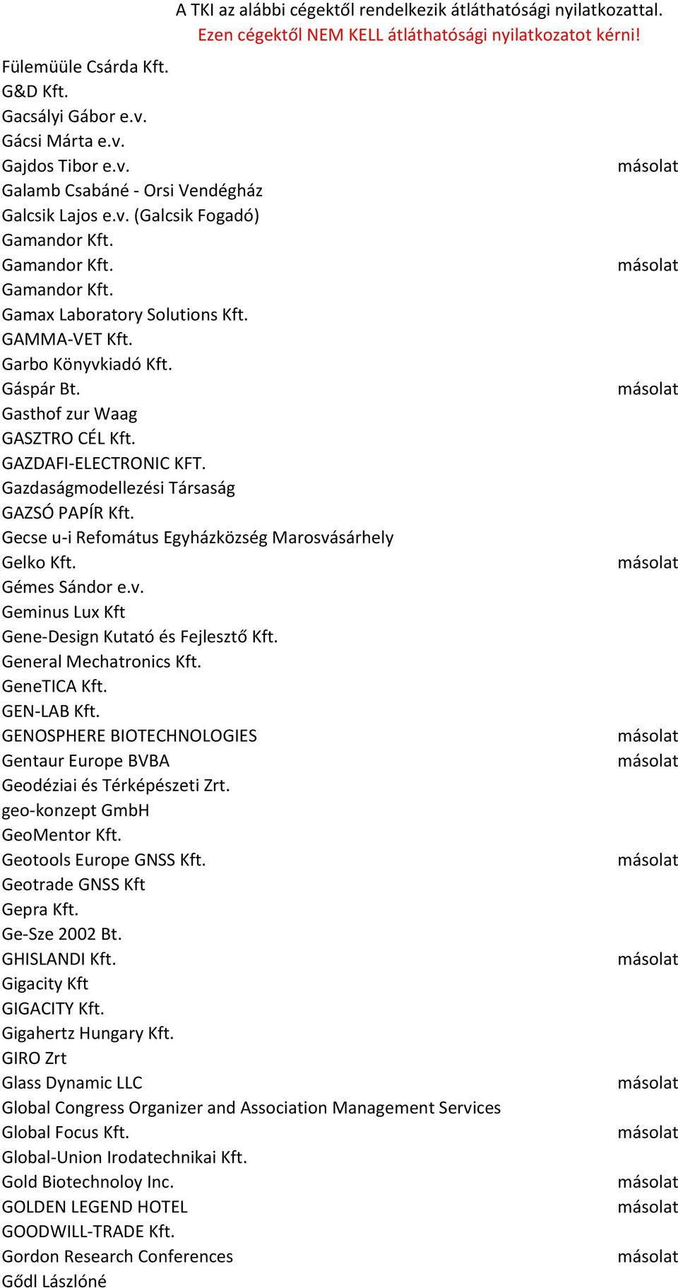 Gecse u-i Refomátus Egyházközség Marosvásárhely Gelko Kft. Gémes Sándor e.v. Geminus Lux Kft Gene-Design Kutató és Fejlesztő Kft. General Mechatronics Kft. GeneTICA Kft. GEN-LAB Kft.