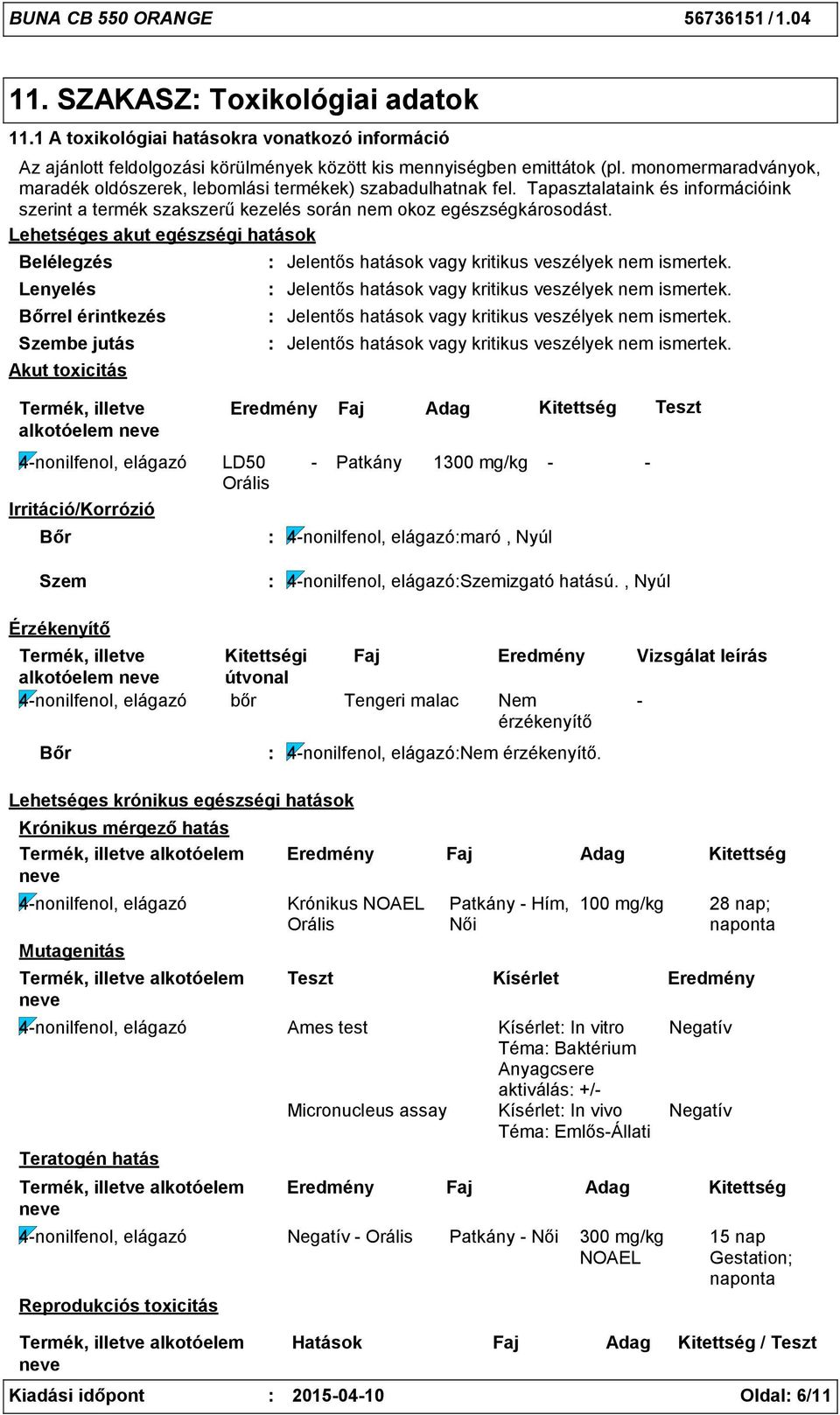 Lehetséges akut egészségi hatások Belélegzés Lenyelés Bőrrel érintkezés Szembe jutás Akut toxicitás Jelentős hatások vagy kritikus veszélyek nem ismertek.