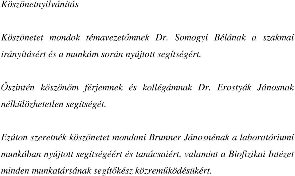 İszintén köszönöm férjemnek és kollégámnak Dr. Erostyák Jánosnak nélkülözhetetlen segítségét.