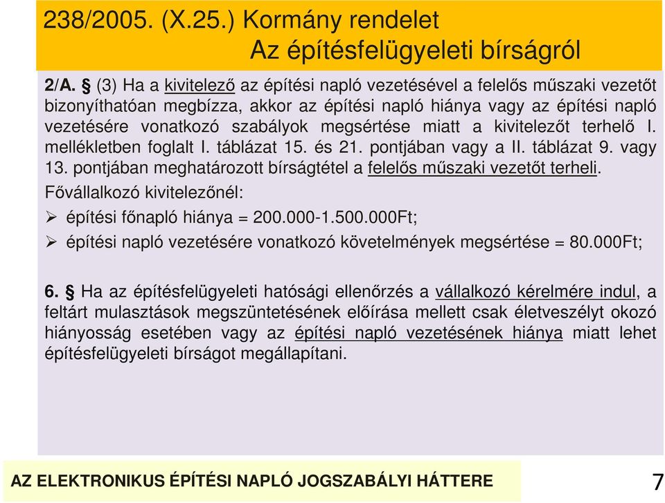 a kivitelezőt terhelő I. mellékletben foglalt I. táblázat 15. és 21. pontjában vagy a II. táblázat 9. vagy 13. pontjában meghatározott bírságtétel a felelős műszaki vezetőt terheli.