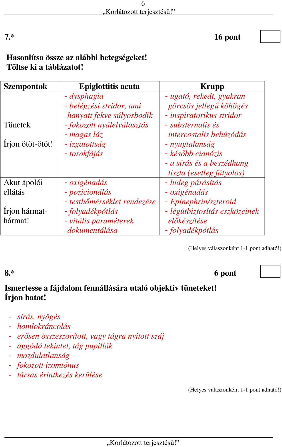 stridor - substernalis és intercostalis behúzódás - nyugtalanság - később cianózis - a sírás és a beszédhang Akut ápolói ellátás Írjon hármathármat!