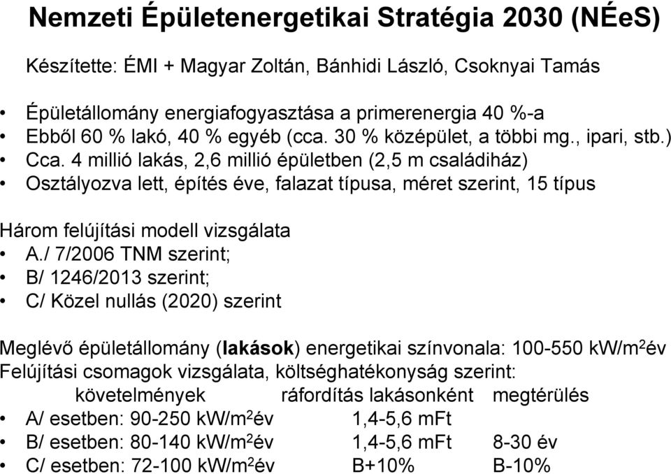 4 millió lakás, 2,6 millió épületben (2,5 m családiház) Osztályozva lett, építés éve, falazat típusa, méret szerint, 15 típus Három felújítási modell vizsgálata A.