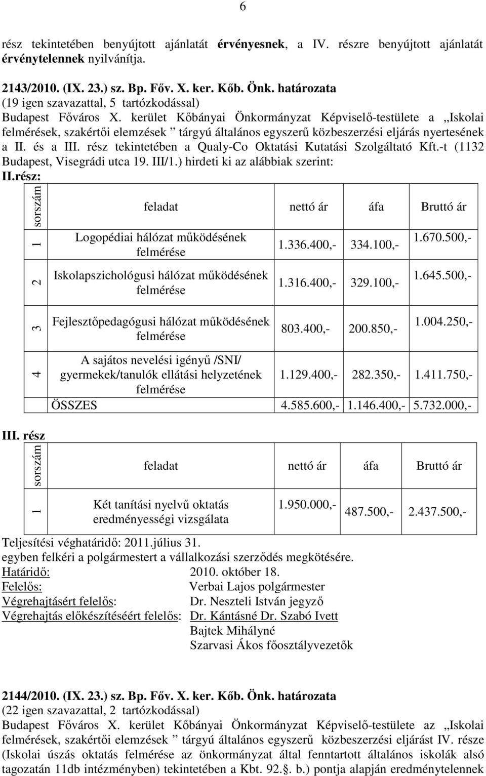 kerület Kőbányai Önkormányzat Képviselő-testülete a Iskolai felmérések, szakértői elemzések tárgyú általános egyszerű közbeszerzési eljárás nyertesének a II. és a III.