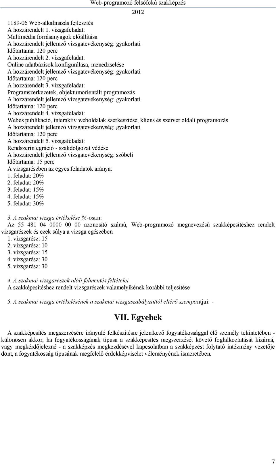 vizsgafeladat: Programszerkezetek, objektumorientált programozás A hozzárendelt jellemző vizsgatevékenység: gyakorlati Időtartama: 120 perc A hozzárendelt 4.