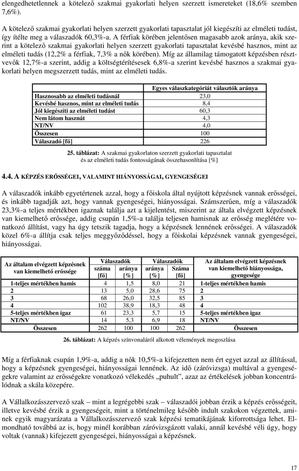 A férfiak körében jelentısen magasabb azok aránya, akik szerint a kötelezı szakmai gyakorlati helyen szerzett gyakorlati tapasztalat kevésbé hasznos, mint az elméleti tudás (12,2% a férfiak, 7,3% a