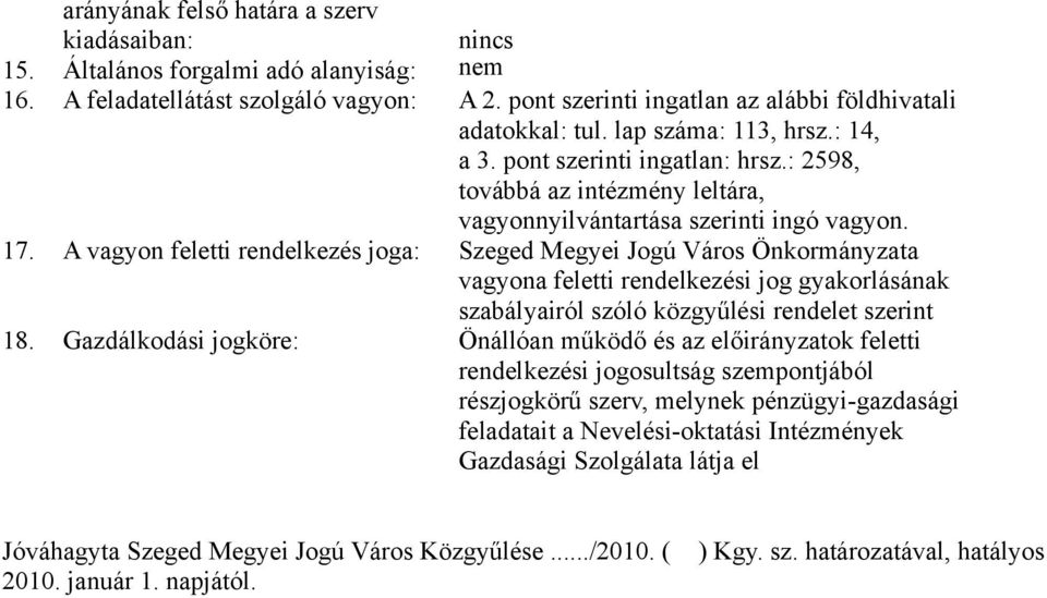 A vagyon feletti rendelkezés joga: Szeged Megyei Jogú Város Önkormányzata vagyona feletti rendelkezési jog gyakorlásának szabályairól szóló közgyűlési rendelet szerint 18.