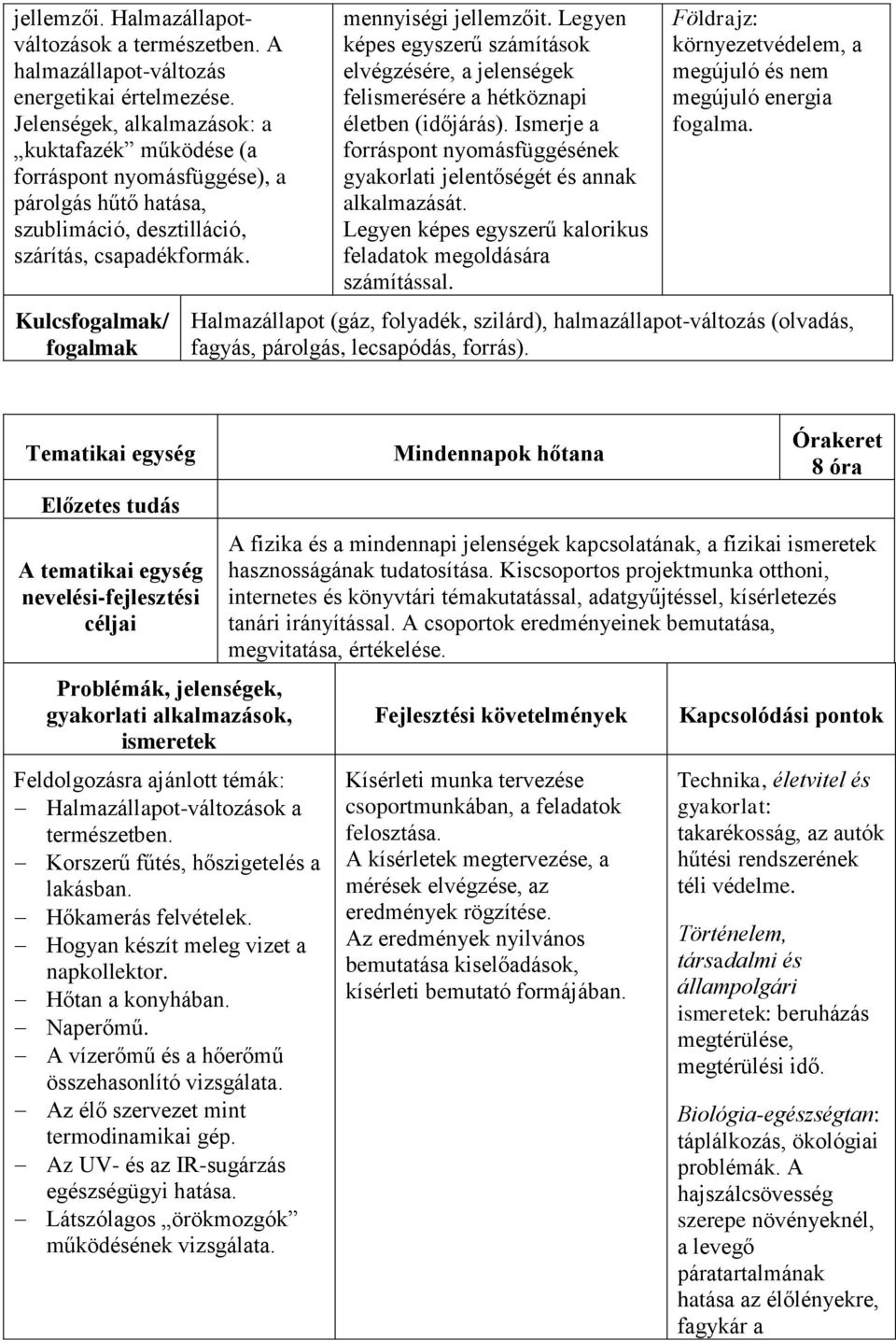 Legyen képes egyszerű számítások elvégzésére, a jelenségek felismerésére a hétköznapi életben (időjárás). Ismerje a forráspont nyomásfüggésének gyakorlati jelentőségét és annak alkalmazását.