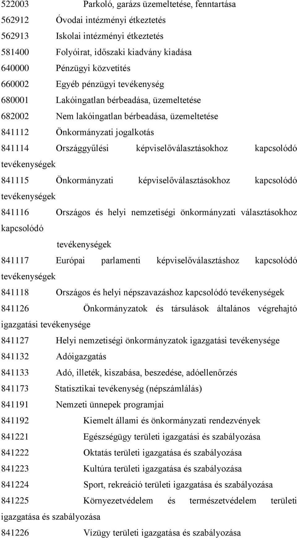 kapcsolódó 841115 Önkormányzati képviselőválasztásokhoz kapcsolódó 841116 Országos és helyi nemzetiségi önkormányzati választásokhoz kapcsolódó 841117 Európai parlamenti képviselőválasztáshoz