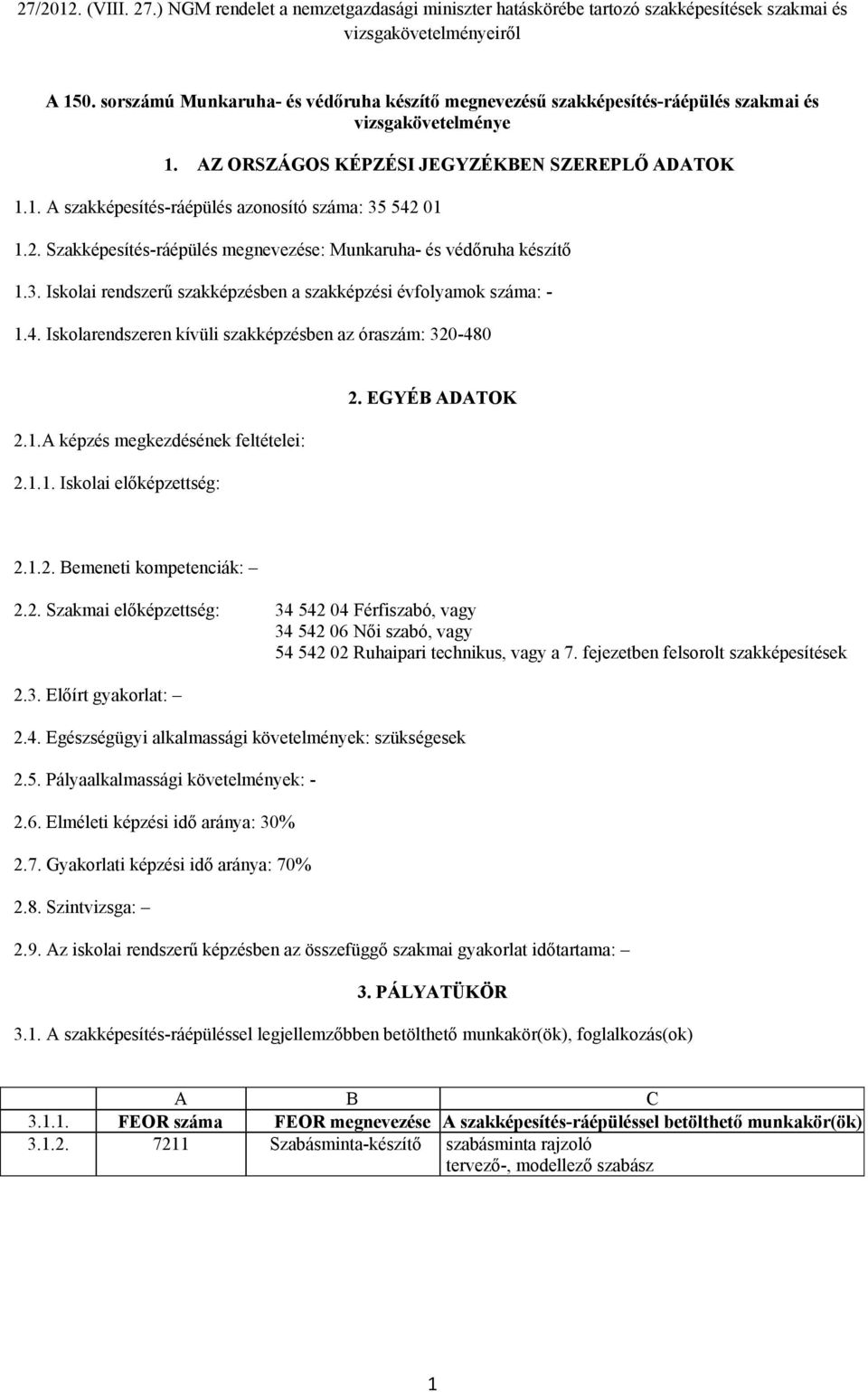 Iskolarendszeren kívüli szakképzésben az óraszám: 320-480 2.1.A képzés megkezdésének feltételei: 2.1.1. Iskolai előképzettség: 2. EGYÉB ADATOK 2.1.2. Bemeneti kompetenciák: 2.2. Szakmai előképzettség: 34 542 04 Férfiszabó, vagy 34 542 06 Női szabó, vagy 54 542 02 Ruhaipari technikus, vagy a 7.