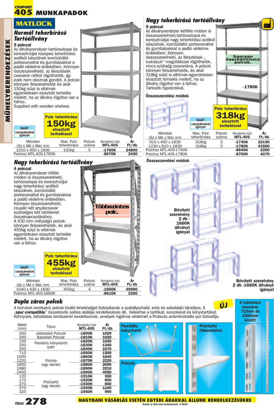 A polcok könnyen felszerelhetők és akár 150kg súlyt is elbírnak egyenletesen elosztott terhelés mellett, ha az állvány rögzítve van a falhoz. Supplied with wooden shelves.