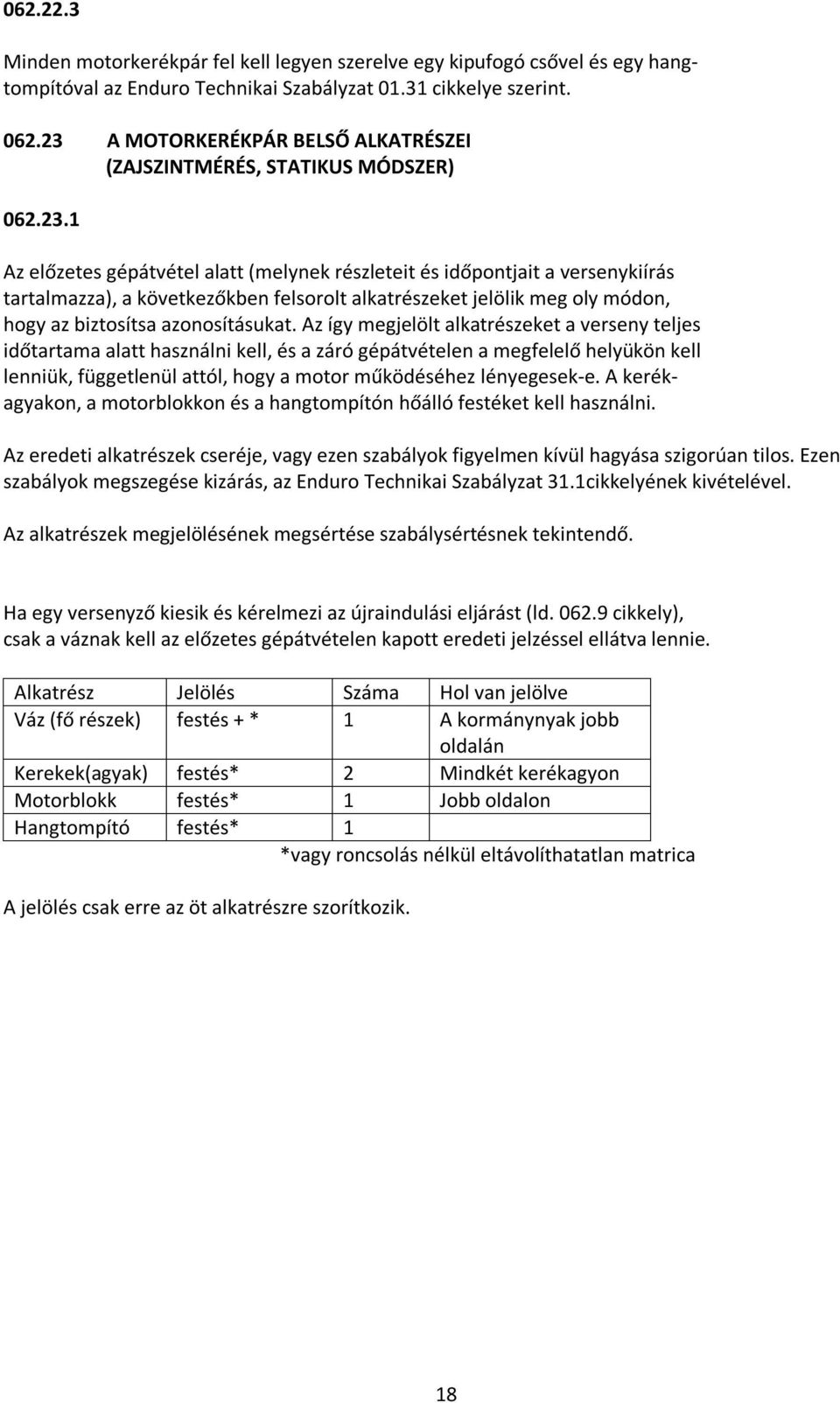 Az így megjelölt alkatrészeket a verseny teljes időtartama alatt használni kell, és a záró gépátvételen a megfelelő helyükön kell lenniük, függetlenül attól, hogy a motor működéséhez lényegesek-e.