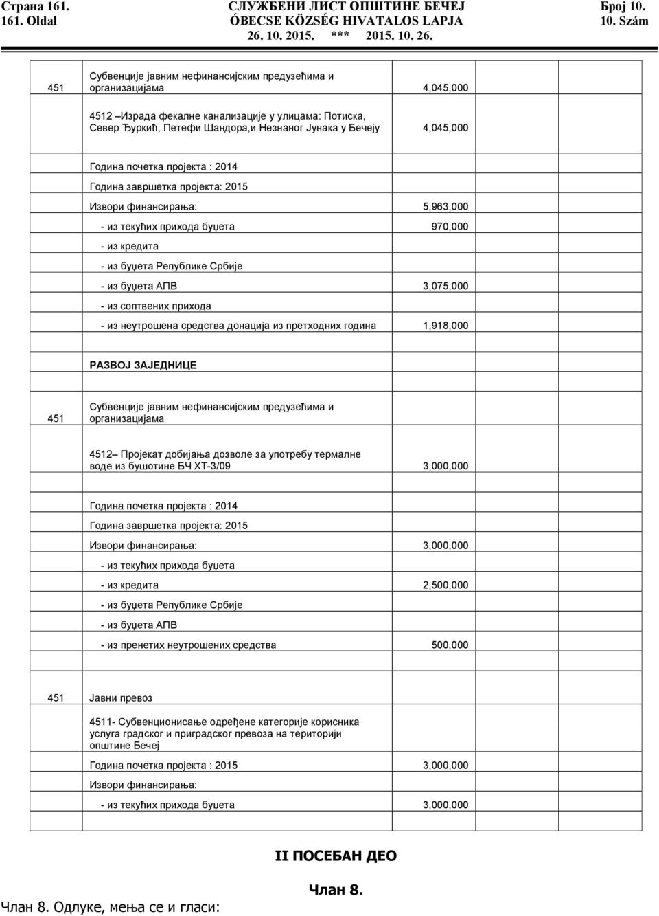 Година почетка пројекта : 2014 Година завршетка пројекта: 2015 Извори финансирања: 5,963,000 - из текућих прихода буџета 970,000 - из кредита - из буџета Републике Србије - из буџета АПВ 3,075,000 -