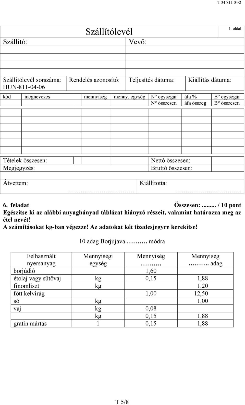 .. / 10 pont Egészítse ki az alábbi anyaghányad táblázat hiányzó részeit, valamint határozza meg az étel nevét! A számításokat kg-ban végezze! Az adatokat két tizedesjegyre kerekítse!