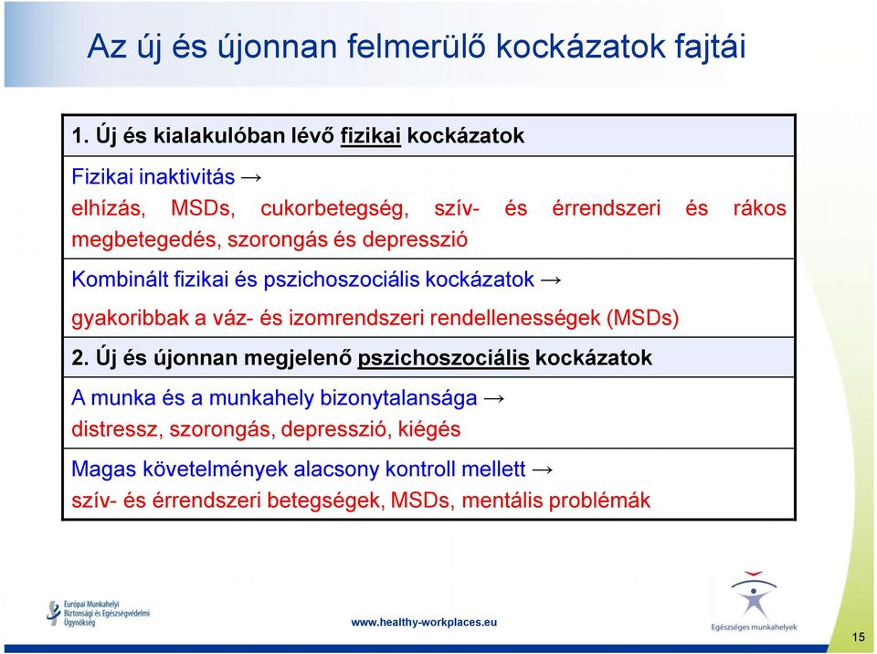 szorongás és depresszió Kombinált fizikai és pszichoszociális kockázatok gyakoribbak a váz- és izomrendszeri rendellenességek (MSDs) 2.