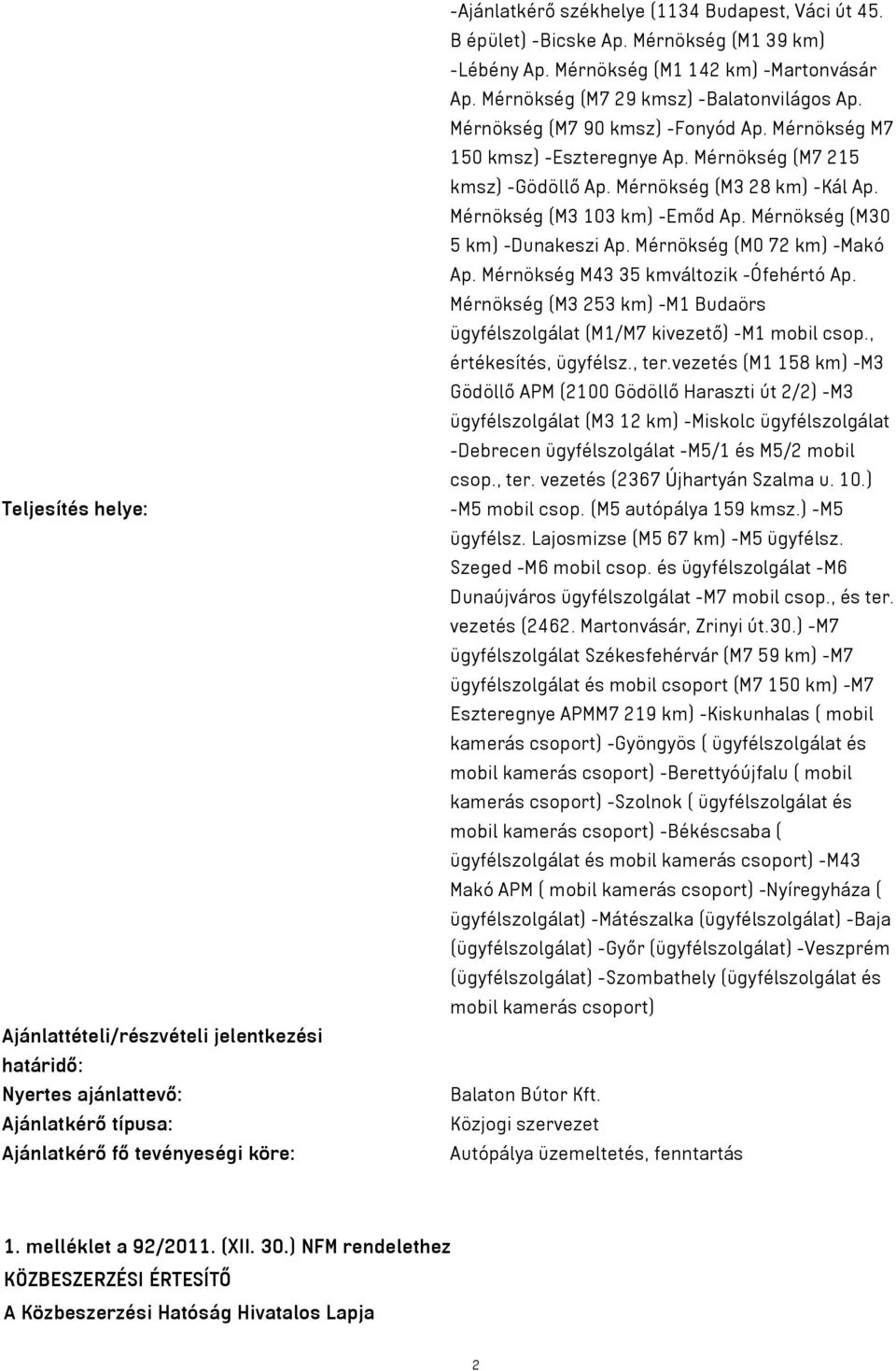 Mérnökség M7 150 kmsz) -Eszteregnye Ap. Mérnökség (M7 215 kmsz) -Gödöllő Ap. Mérnökség (M3 28 km) -Kál Ap. Mérnökség (M3 103 km) -Emőd Ap. Mérnökség (M30 5 km) -Dunakeszi Ap.
