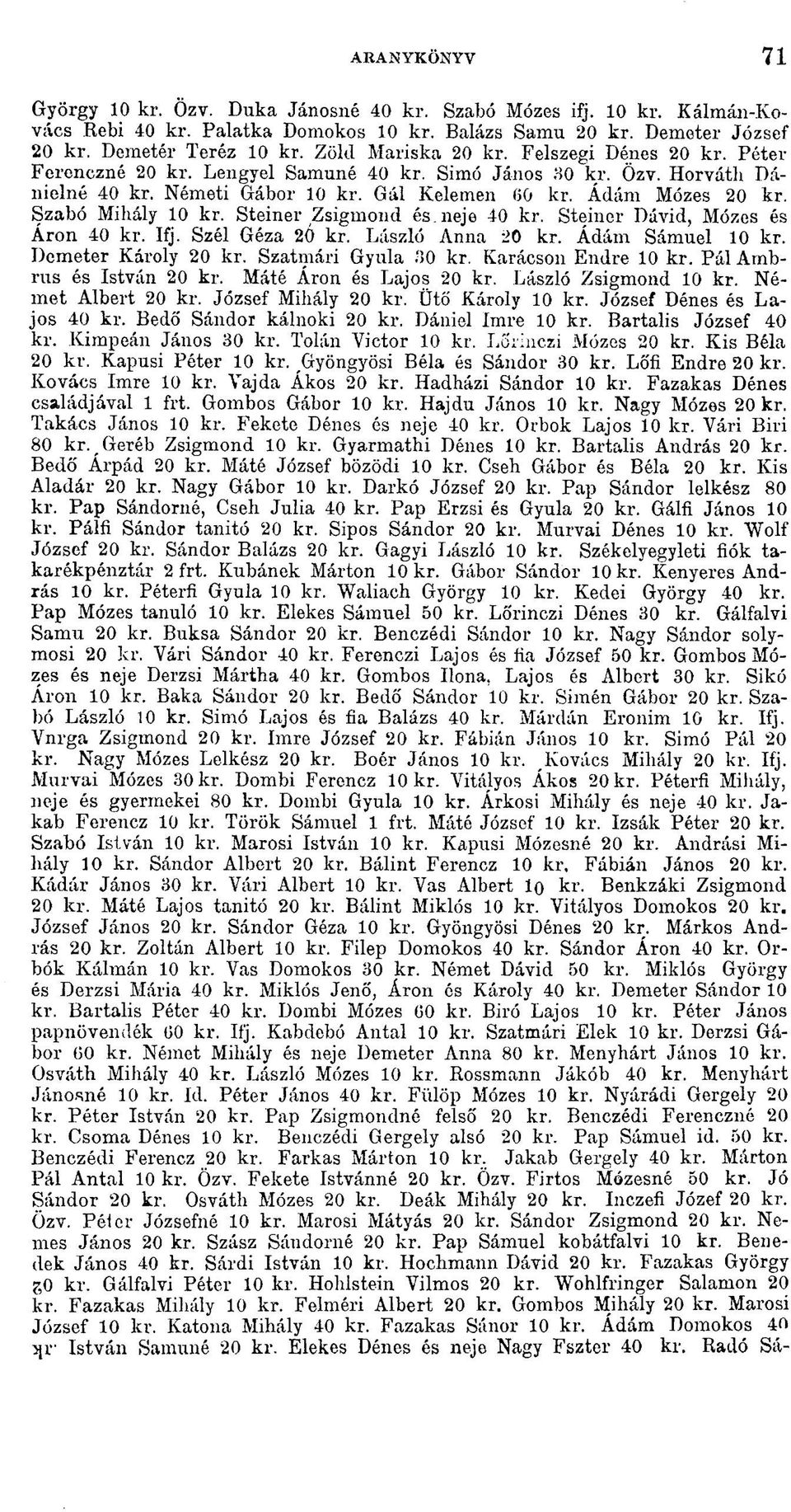 Szabó Mihály 10 kr. Steiner Zsigmond és neje 40 kr. Steiner Dávid, Mózes és Áron 40 kr. Ifj. Szél Géza 20 kr. László Anna 20 kr. Ádám Sámuel 10 kr. Demeter Károly 20 kr. Szatmári Gyula.'50 kr.
