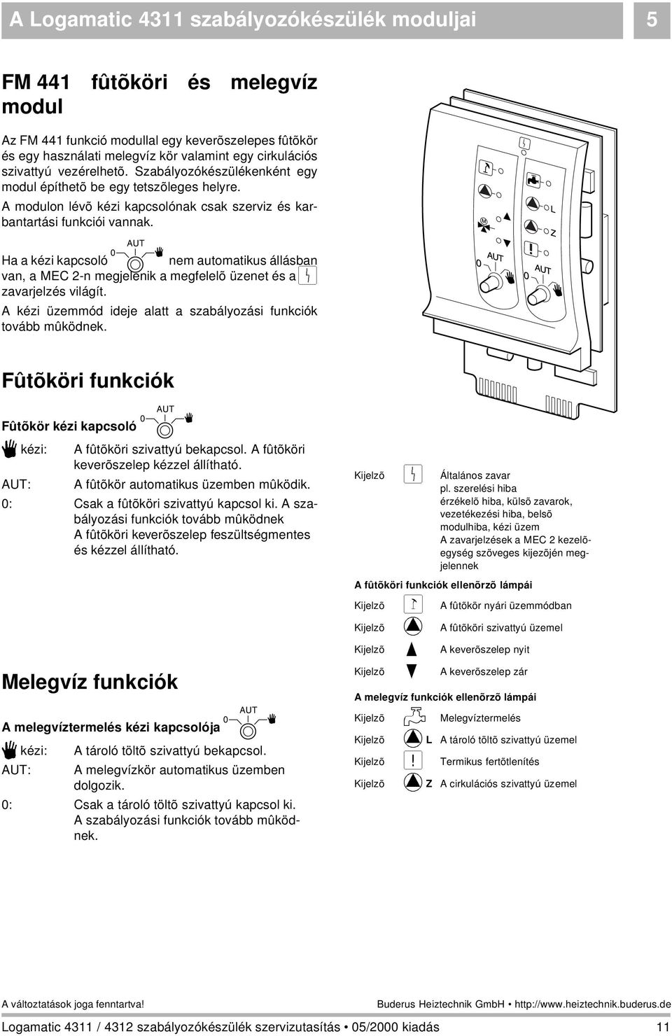 Ha a kézi kapcsoló $ nem automatikus állásban van, a MEC 2-n megjelenik a megfelelõ üzenet és a 0 zavarjelzés világít. A kézi üzemmód ideje alatt a szabályozási funkciók tovább mûködnek.