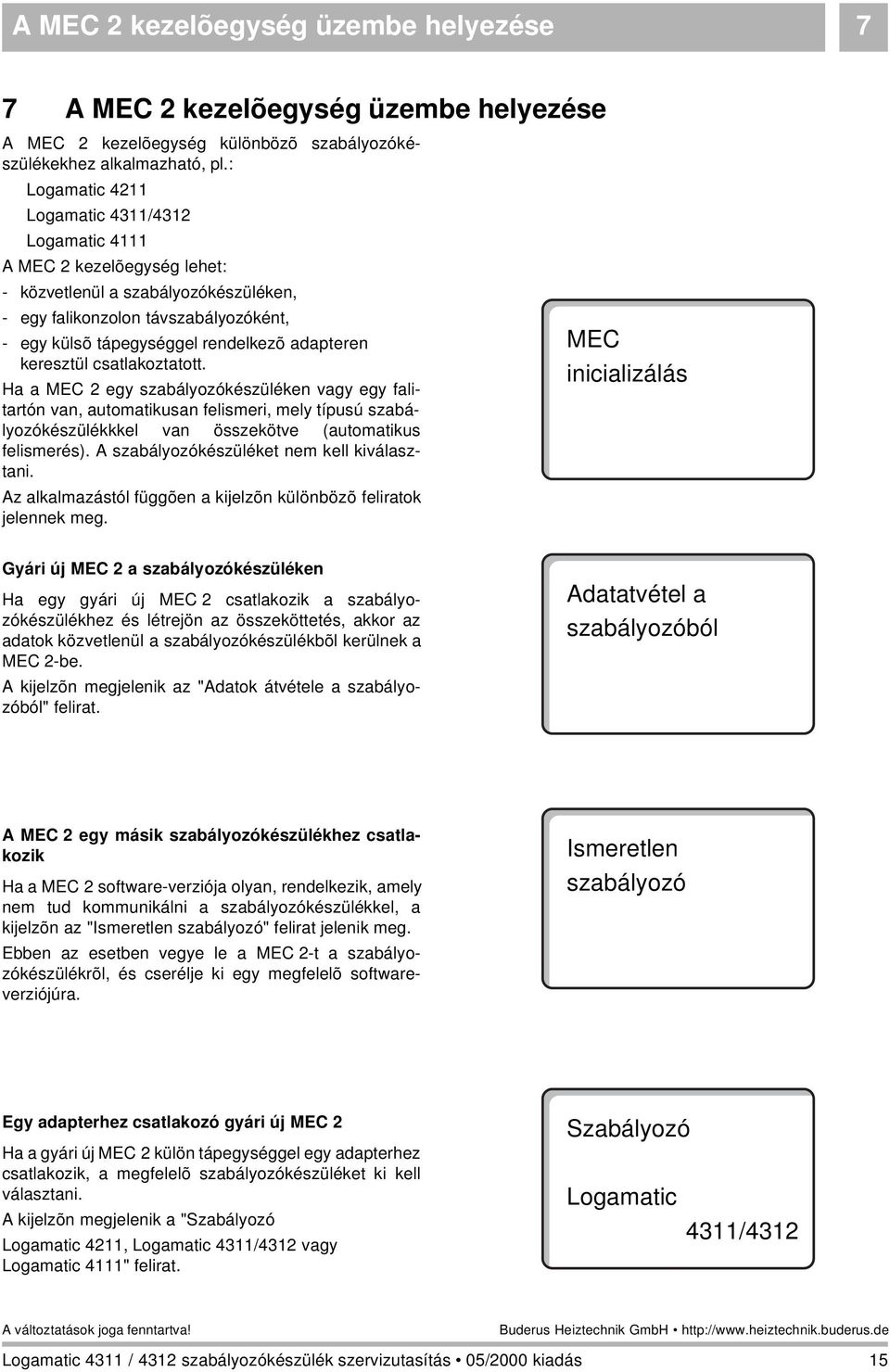 adapteren keresztül csatlakoztatott. Ha a MEC 2 egy szabályozókészüléken vagy egy falitartón van, automatikusan felismeri, mely típusú szabályozókészülékkkel van összekötve (automatikus felismerés).