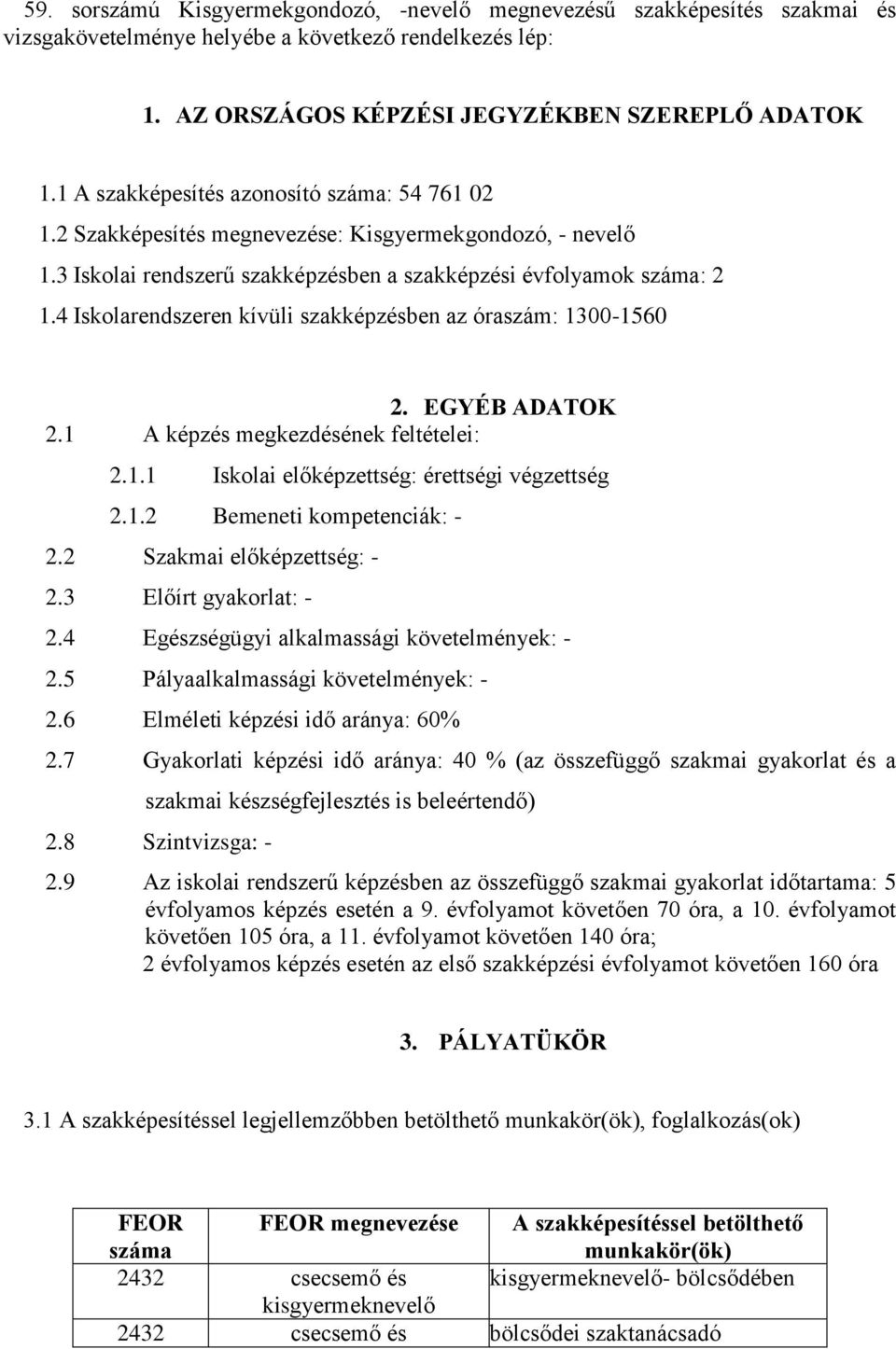 4 Iskolarendszeren kívüli szakképzésben az óraszám: 1300-1560 2. EGYÉB ADATOK 2.1 A képzés megkezdésének feltételei: 2.1.1 Iskolai előképzettség: érettségi végzettség 2.1.2 Bemeneti kompetenciák: - 2.