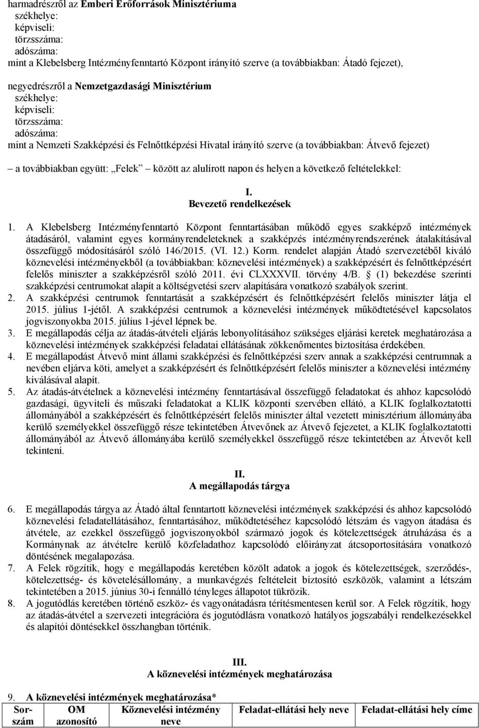 továbbiakban együtt: Felek között az alulírott napon és helyen a következő feltételekkel: I. Bevezető rendelkezések 1.