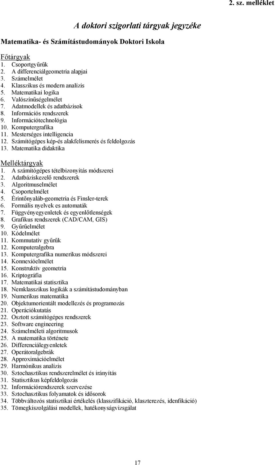 Mesterséges intelligencia 12. Számítógépes kép-és alakfelismerés és feldolgozás 13. Matematika didaktika Melléktárgyak 1. A számítógépes tételbizonyítás módszerei 2. Adatbáziskezelő rendszerek 3.