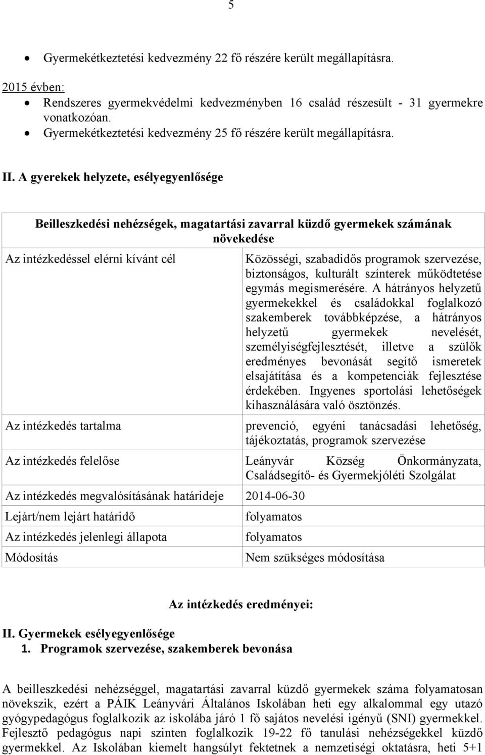 A gyerekek helyzete, esélyegyenlősége Beilleszkedési nehézségek, magatartási zavarral küzdő gyermekek számának növekedése Közösségi, szabadidős programok szervezése, biztonságos, kulturált színterek