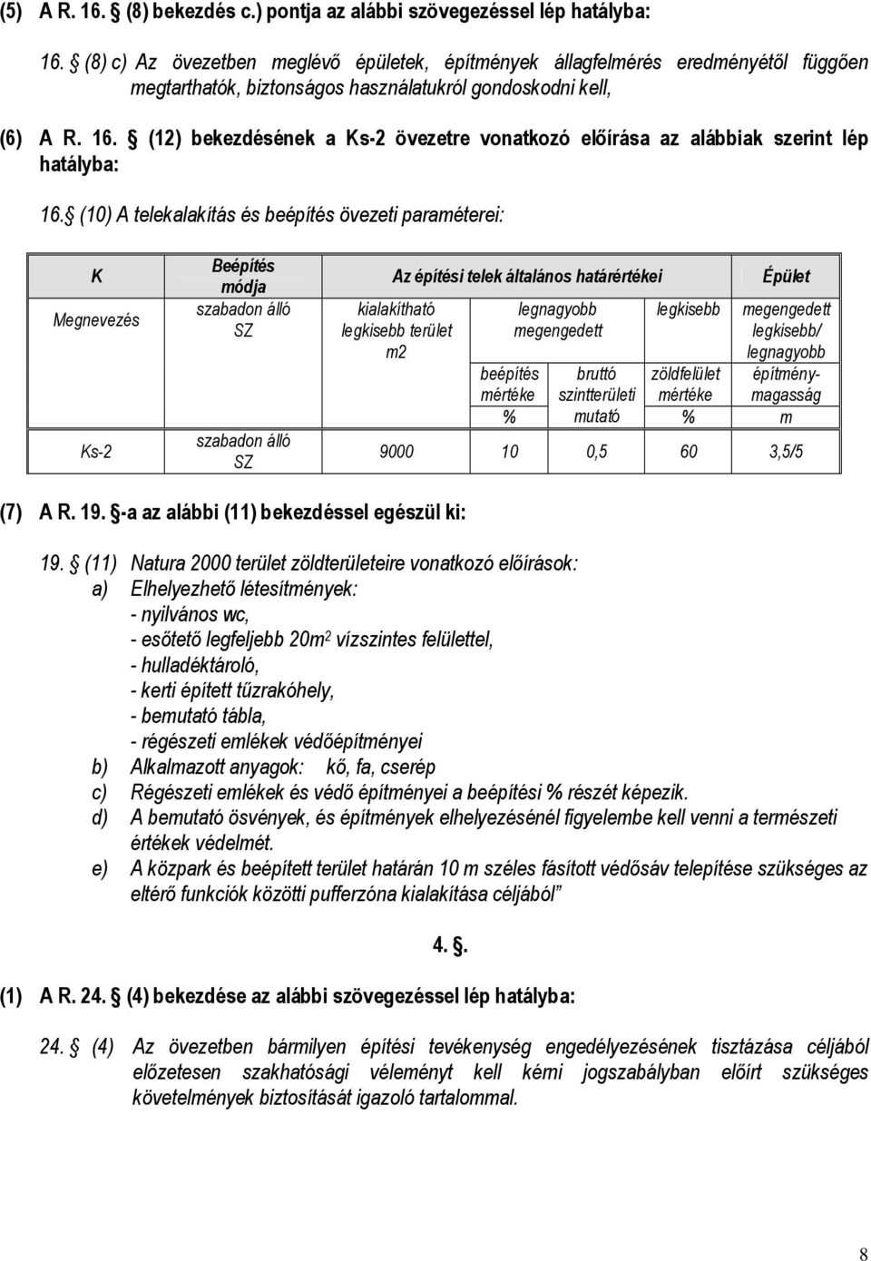 (12) bekezdésének a Ks-2 övezetre vonatkozó előírása az alábbiak szerint lép hatályba: 16.