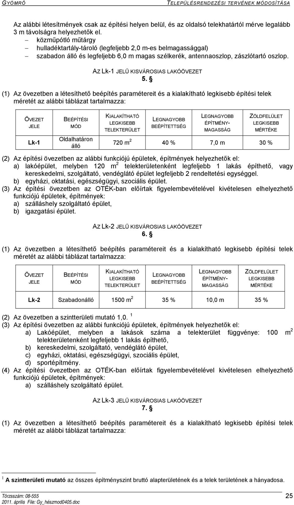 Lk-1 Oldalhatáron álló 720 m 2 40 % 7,0 m 30 % (2) Az építési övezetben az alábbi funkciójú épületek, építmények helyezhetők el: a) lakóépület, melyben 120 m 2 telekterületenként legfeljebb 1 lakás