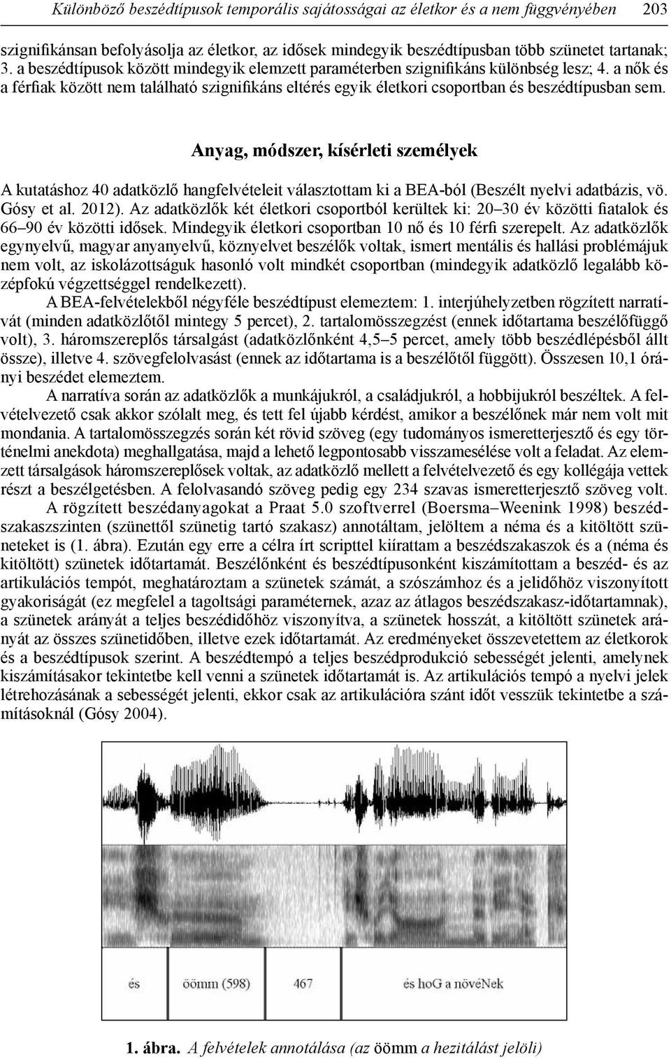 Anyag, módszer, kísérleti személyek A kutatáshoz 40 adatközlő hangfelvételeit választottam ki a BEA-ból (Beszélt nyelvi adatbázis, vö. Gósy et al. 2012).