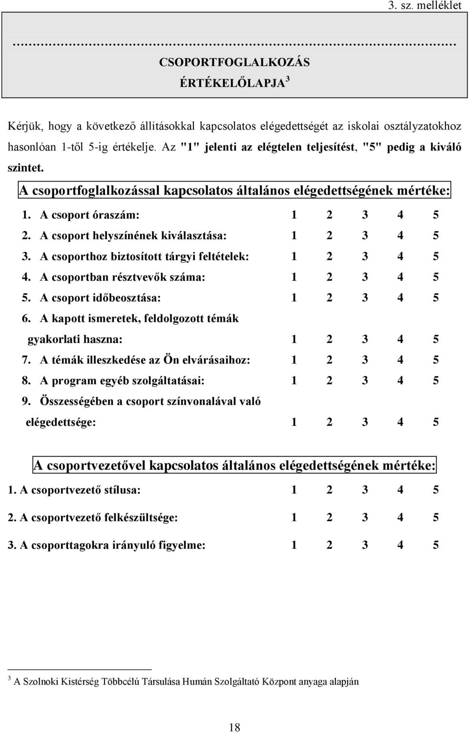 A csoport helyszínének kiválasztása: 1 2 3 4 5 3. A csoporthoz biztosított tárgyi feltételek: 1 2 3 4 5 4. A csoportban résztvevők száma: 1 2 3 4 5 5. A csoport időbeosztása: 1 2 3 4 5 6.