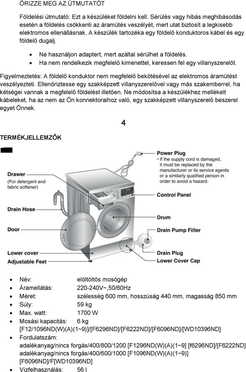 A készülék tartozéka egy földelő konduktoros kábel és egy földelő dugalj. Ne használjon adaptert, mert azáltal sérülhet a földelés.