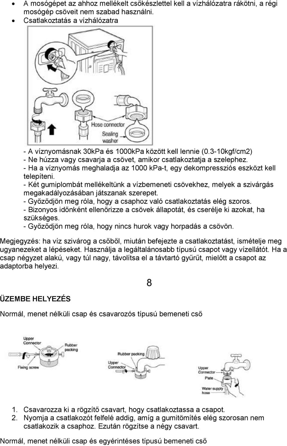 - Ha a víznyomás meghaladja az 1000 kpa-t, egy dekompressziós eszközt kell telepíteni. - Két gumiplombát mellékeltünk a vízbemeneti csövekhez, melyek a szivárgás megakadályozásában játszanak szerepet.