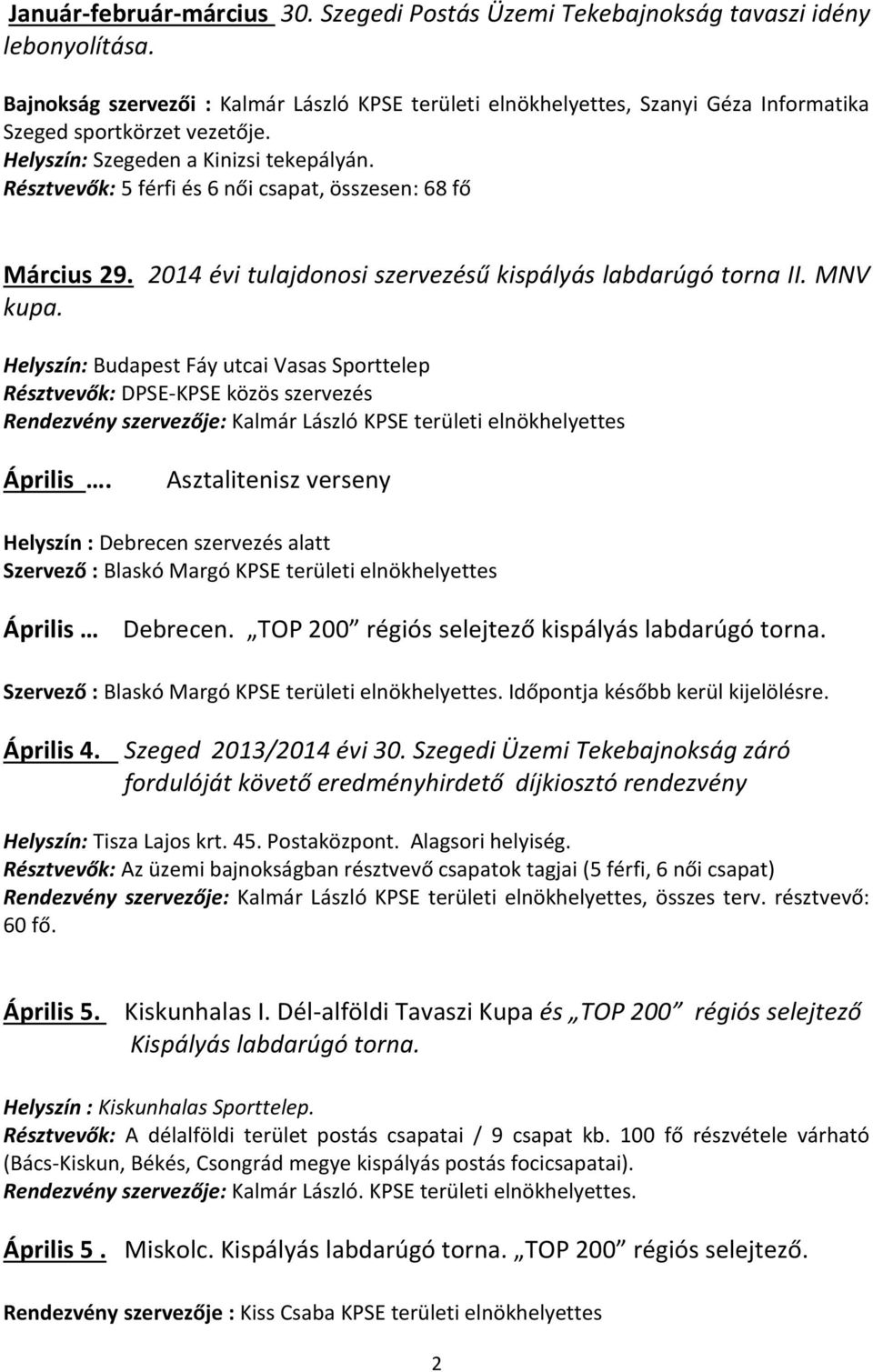 Résztvevők: 5 férfi és 6 női csapat, összesen: 68 fő Március 29. 2014 évi tulajdonosi szervezésű kispályás labdarúgó torna II. MNV kupa.