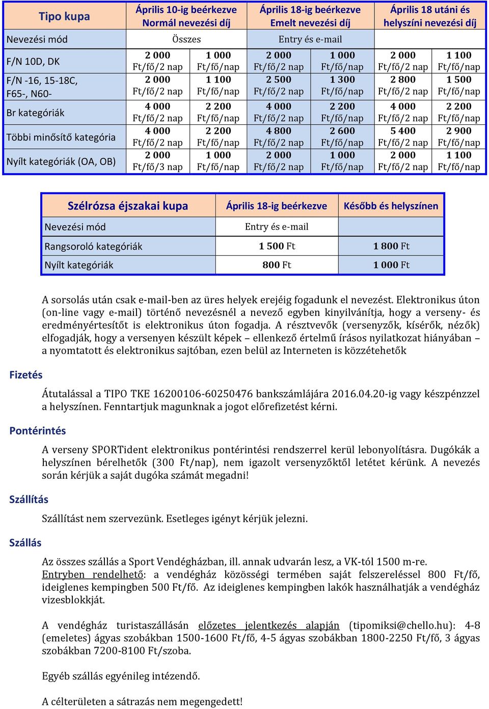 Nevezési mód Entry és e-mail Rangsoroló kategóriák 1 500 Ft 1 800 Ft Nyílt kategóriák 800 Ft Ft Fizetés Pontérintés Szállítás Szállás A sorsolás után csak e-mail-ben az üres helyek erejéig fogadunk