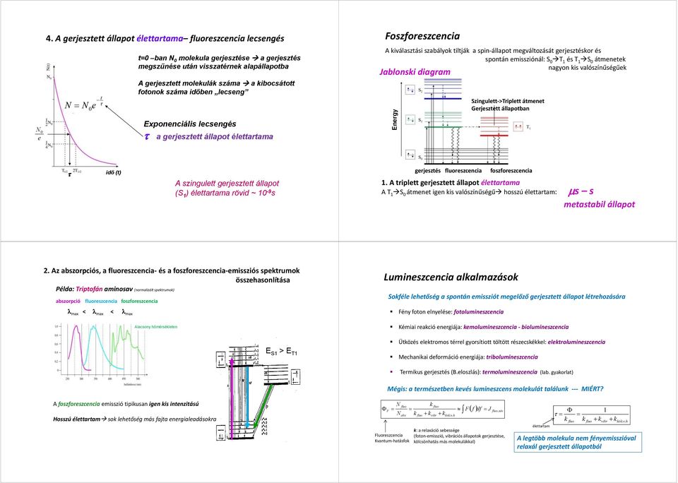 kibocsátott fotonok száma időben lecseng Exponenciális lecsengés τ a gerjesztett állapot élettartama Foszforeszcencia A kiválasztási szabályok tiltják a spin állapot megváltozását gerjesztéskor és