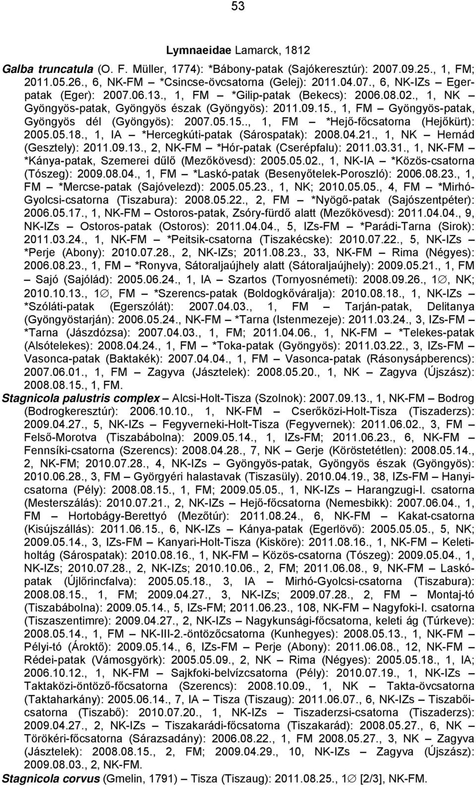 05.18., 1, IA *Hercegkúti-patak (Sárospatak): 2008.04.21., 1, NK Hernád (Gesztely): 2011.09.13., 2, NK-FM *Hór-patak (Cserépfalu): 2011.03.31., 1, NK-FM *Kánya-patak, Szemerei dűlő (Mezőkövesd): 2005.