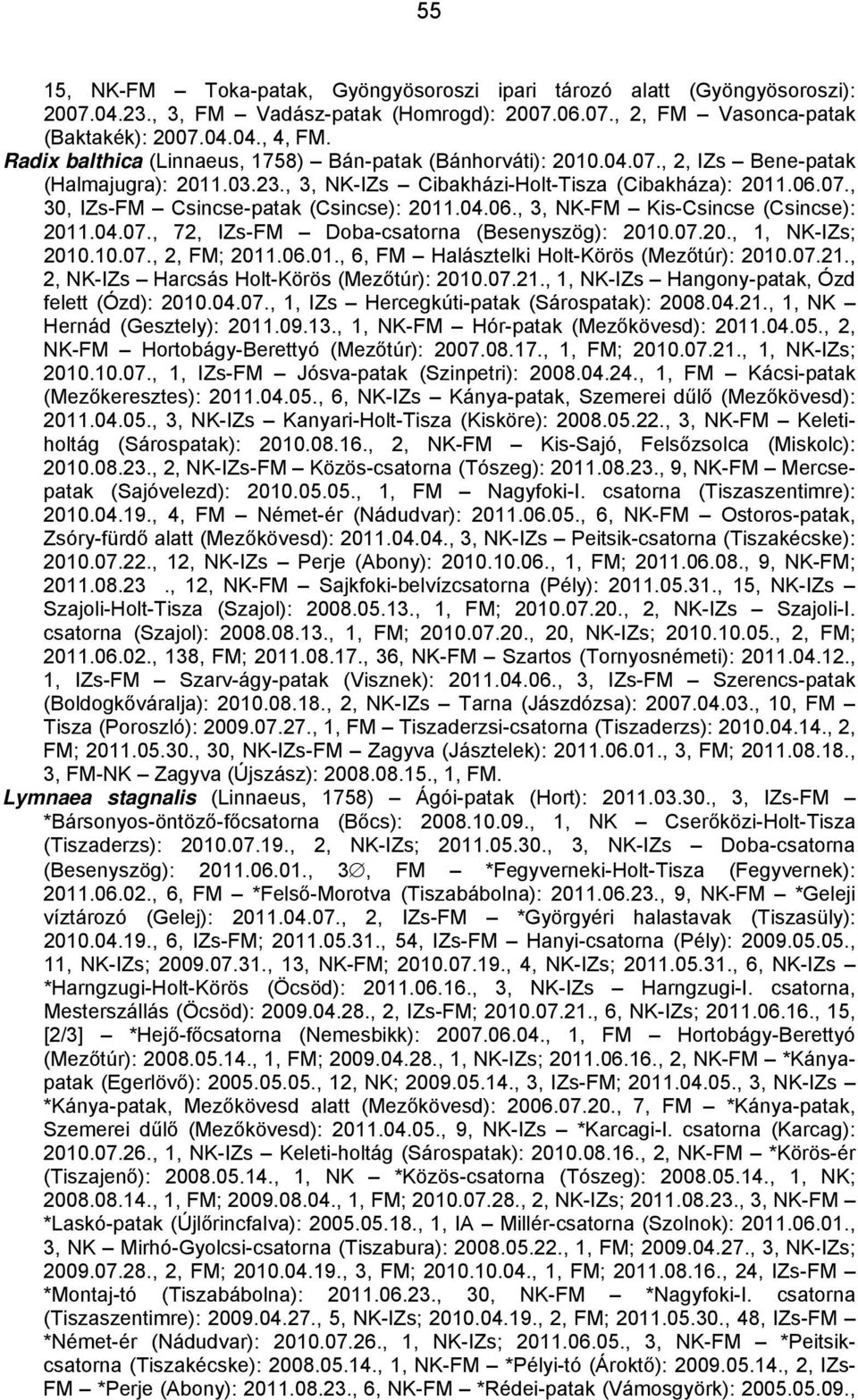 04.06., 3, NK-FM Kis-Csincse (Csincse): 2011.04.07., 72, IZs-FM Doba-csatorna (Besenyszög): 2010.07.20., 1, NK-IZs; 2010.10.07., 2, FM; 2011.06.01., 6, FM Halásztelki Holt-Körös (Mezőtúr): 2010.07.21.