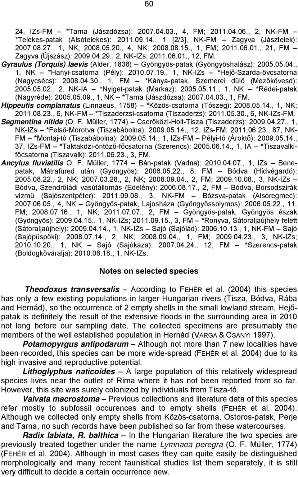 07.19., 1, NK-IZs *Hejő-Szarda-övcsatorna (Nagycsécs): 2008.04.30., 1, FM *Kánya-patak, Szemerei dűlő (Mezőkövesd): 2005.05.02., 2, NK-IA *Nyiget-patak (Markaz): 2005.05.11.