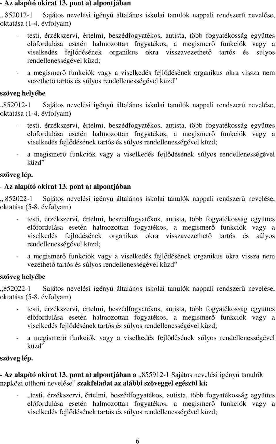 tartós és súlyos rendellenességével küzd szöveg helyébe 852012-1 Sajátos nevelési igényű általános iskolai tanulók nappali rendszerű nevelése, oktatása (1-4.