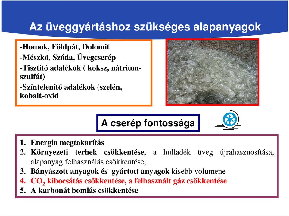 Környezeti terhek csökkentése, a hulladék üveg újrahasznosítása, alapanyag felhasználás csökkentése, 3.