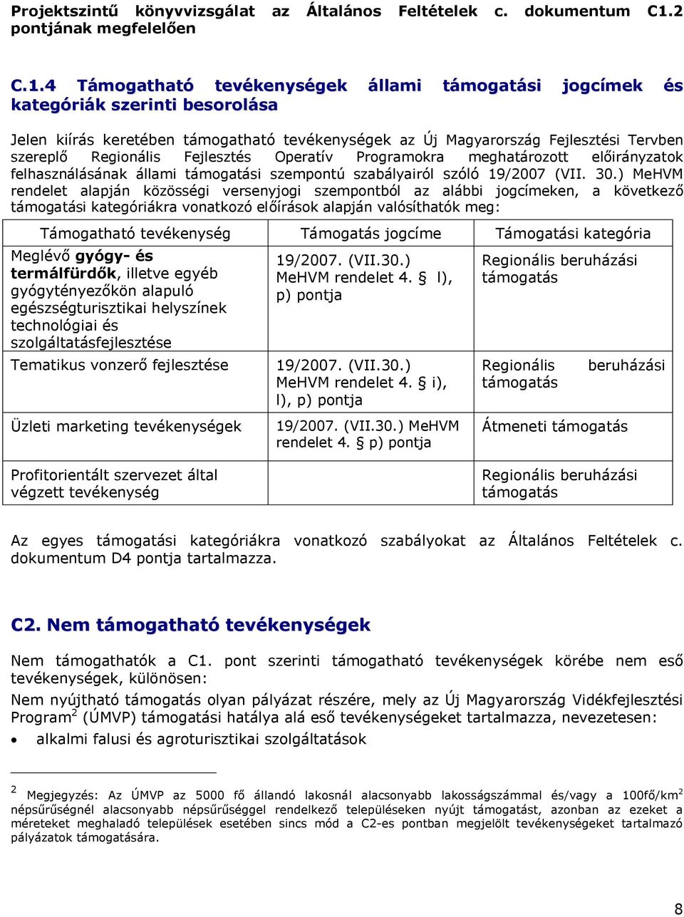 4 Támogatható tevékenységek állami támogatási jogcímek és kategóriák szerinti besorolása Jelen kiírás keretében támogatható tevékenységek az Új Magyarország Fejlesztési Tervben szereplő Regionális