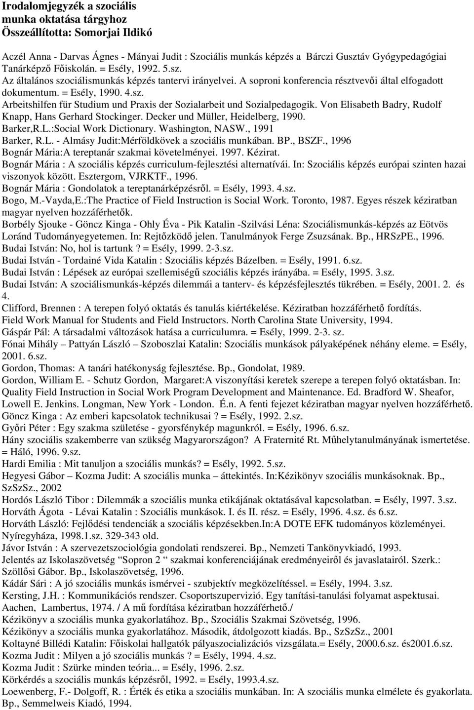 Von Elisabeth Badry, Rudolf Knapp, Hans Gerhard Stockinger. Decker und Müller, Heidelberg, 1990. Barker,R.L.:Social Work Dictionary. Washington, NASW., 1991 Barker, R.L. - Almásy Judit:Mérföldkövek a szociális munkában.