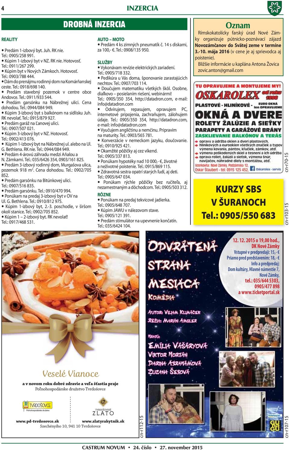 Kúpim 3-izbový byt s balkónom na sídlisku Juh. RK nevolať. Tel.: 0915/879 927. Predám garáž na Ľanovej ulici. Tel.: 0907/507 021. Kúpim 3-izbový byt v NZ. Hotovosť. Tel.: 0902/413 076.