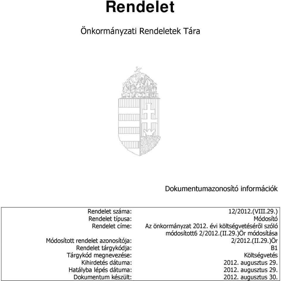 29.)Ör módosítása Módosított rendelet azonosítója: 2/2012.(II.29.)Ör Rendelet tárgykódja: B1 Tárgykód megnevezése: Költségvetés Kihirdetés dátuma: 2012.