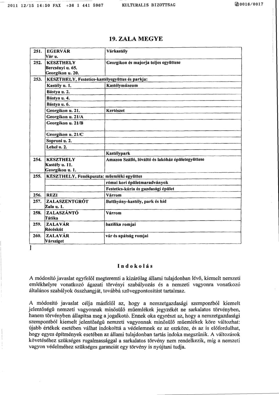 21/B 1 Georgikon u. 21/C Soproni u. Z. Lehel u. 2. 254. KESZTHELY Kastély u. 11. Georgikon u. I. J Kastélypark Amazon Szálló, tóváltó és lakóház épületegyüttes e 255.